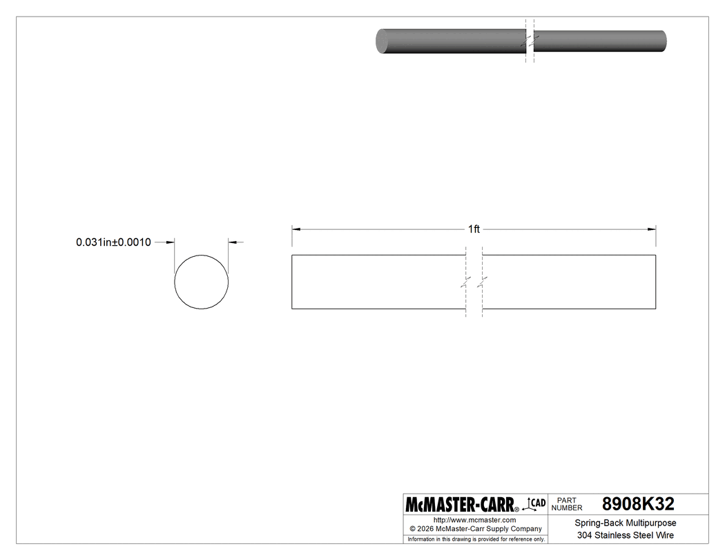 Technical Drawing of Spring-Back Multipurpose 304 Stainless Steel Wire, 1 Foot Long, Matte, 0.031" Diameter.